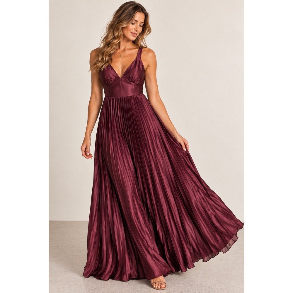 Burgundy Satin Pleated Maxi Dress Lace Up Corset Back V-Neck Gown medium